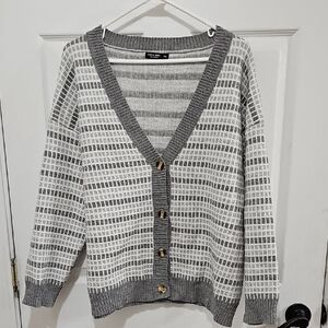 Gray and White Women's Cardigan Sweater